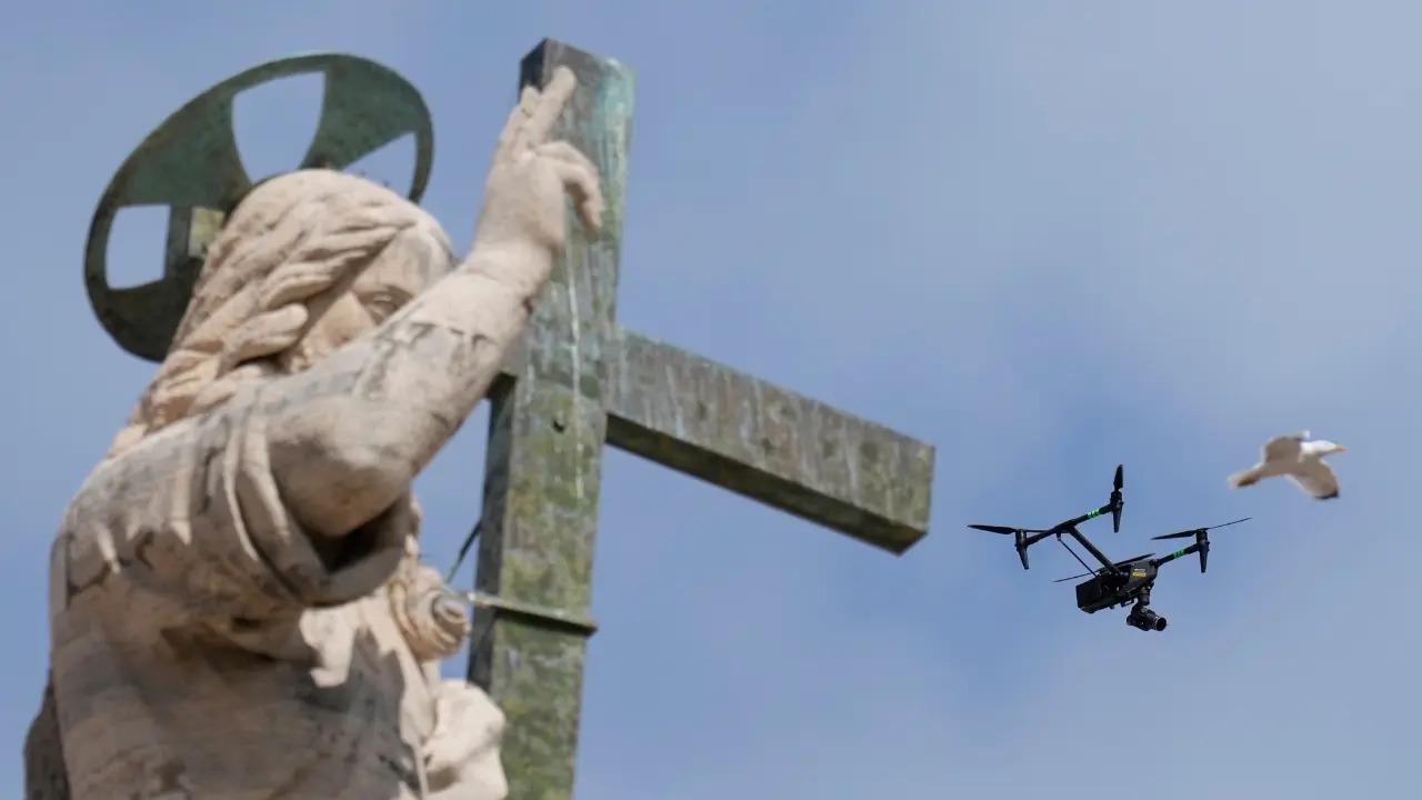 A seagull attacks a drone used for a TV broadcast at St Peters Square Vatican